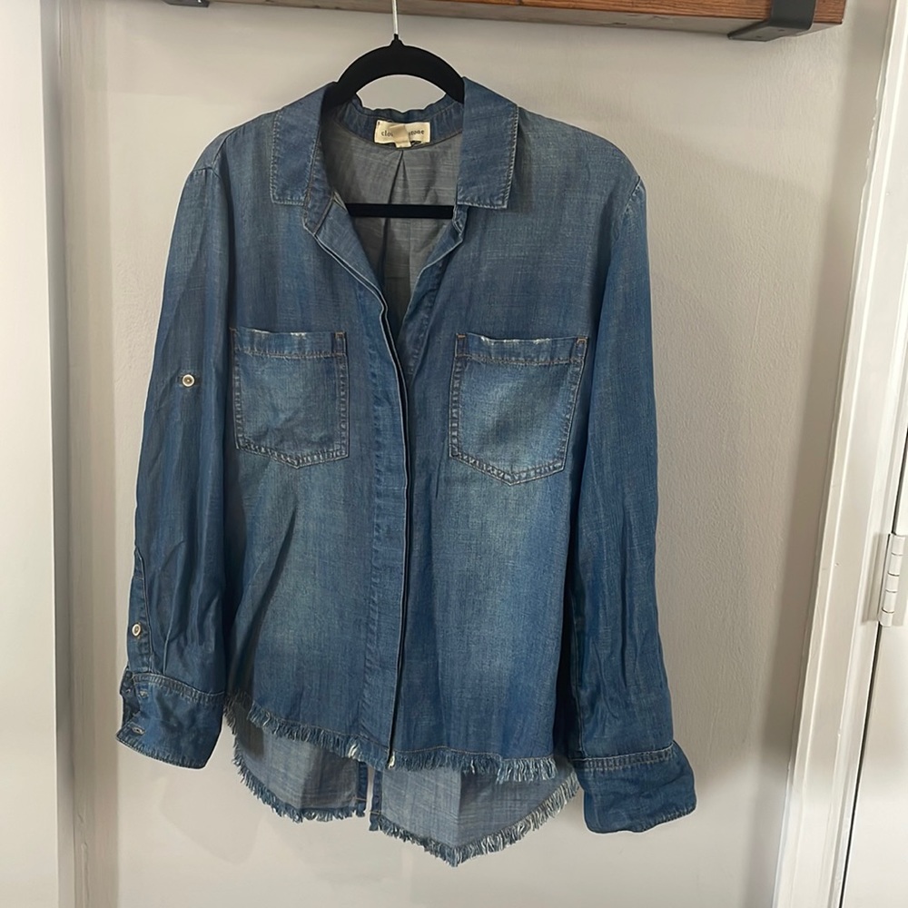 Anthropologie  Denim fringe shirt